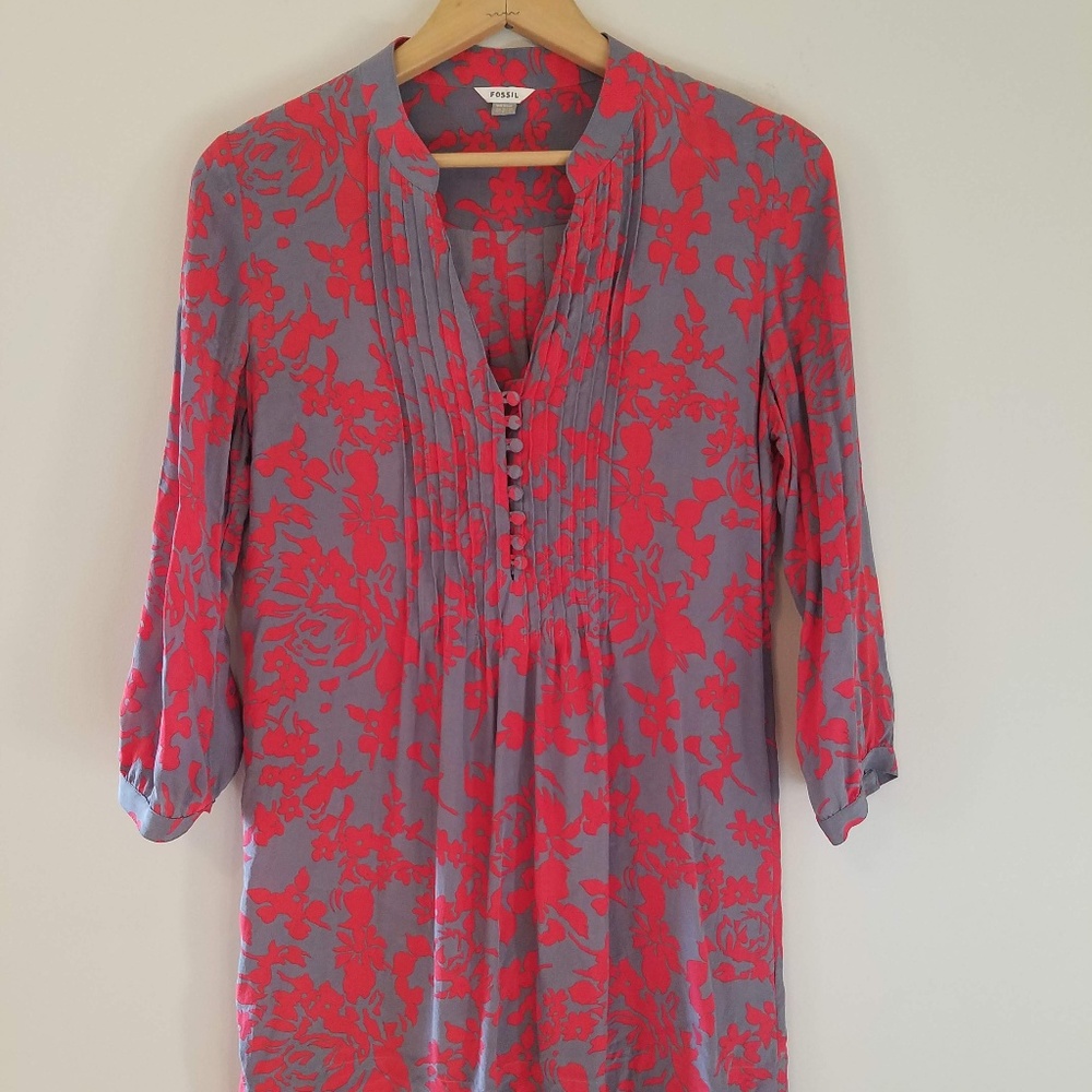 Fossil Red Gray Silky Tunic Button Down Blouse XS